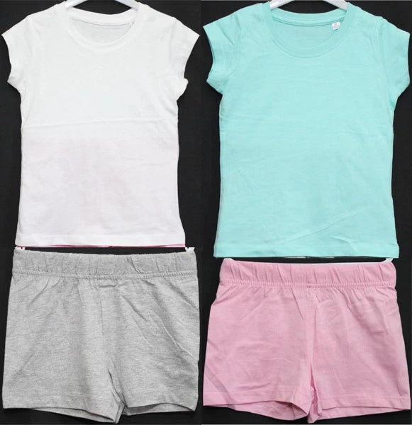 2 Pairs of Girls Plain Short Pyjamas /Mix & Match Shorty PJs in Sizes 3-10 years