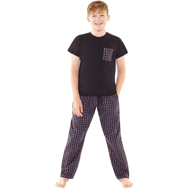 Boys Pyjama PJ Nightwear Sets 2 Piece Check Bottom Loungewear Short Long Bedlam
