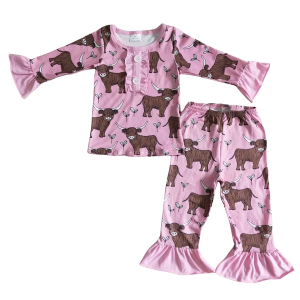 Girls Pink Long Sleeve Pajama Set Cow Print 2pcs Sleepwear