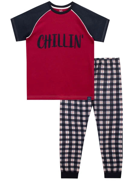Boys Pyjamas Pyjama Set PJs 6- 13 Years Short Sleeve Chillin Check Gift Black