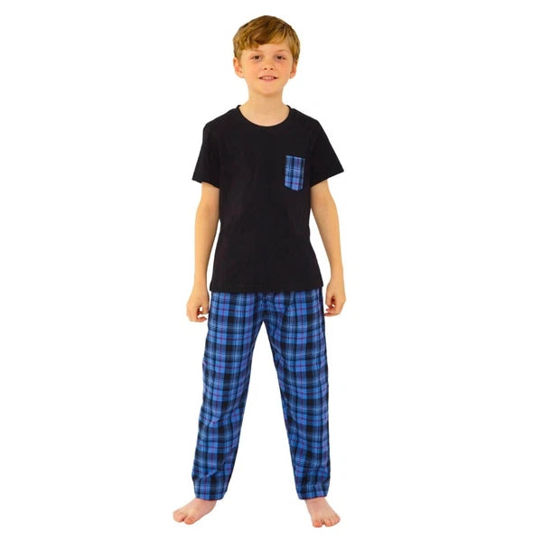 Boys Pyjama PJ Nightwear Sets 2 Piece Check Bottom Loungewear Short Long Bedlam