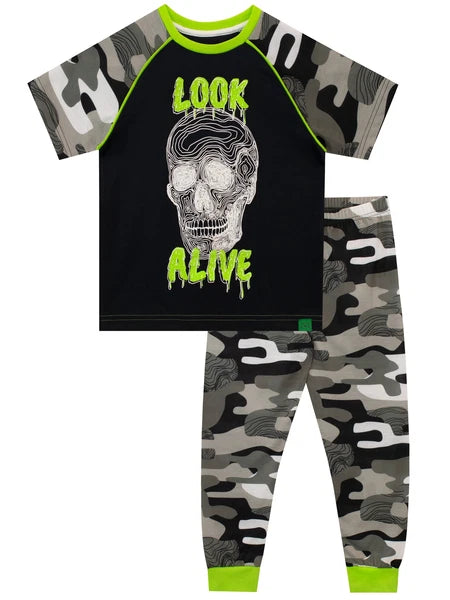 Skull Camouflage Pyjamas Kids Boys 6 7 8 9 10 11 12 Years PJs Grey Black Green