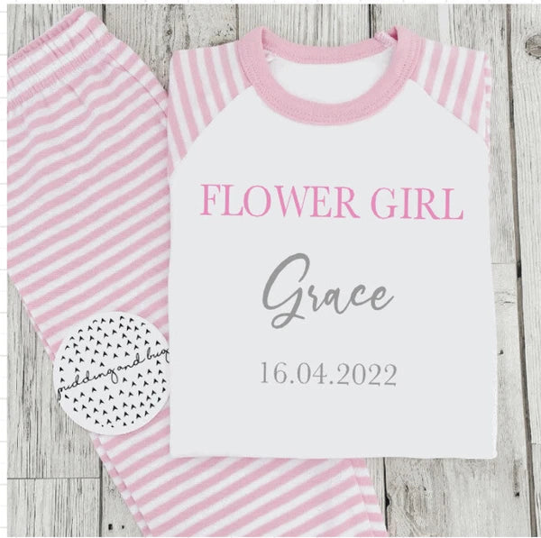 PERSONALISED FLOWER GIRL PYJAMAS, Wedding Gift Pink White PJs bridesmaid