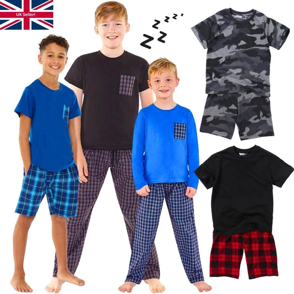 Boys Pyjama PJ Nightwear Sets 2 Piece Check Bottom Loungewear Short Long Bedlam