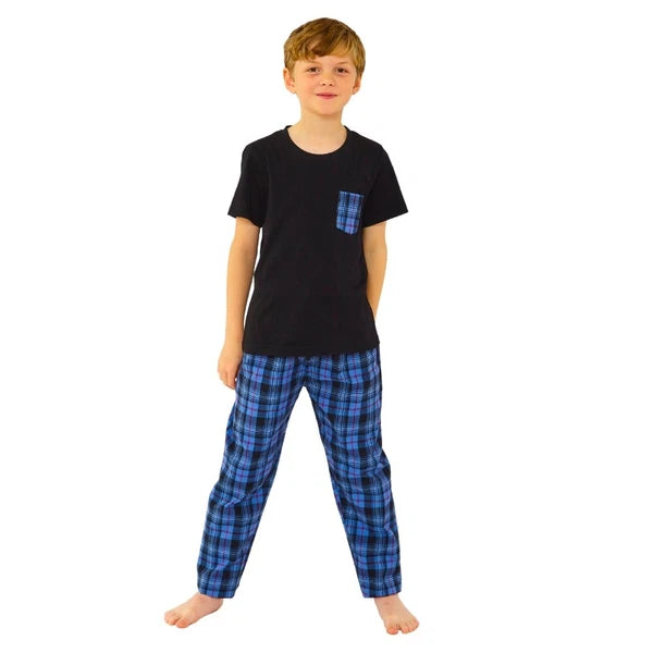 Boys Pyjama PJ Nightwear Sets 2 Piece Check Bottom Loungewear Short Long Bedlam
