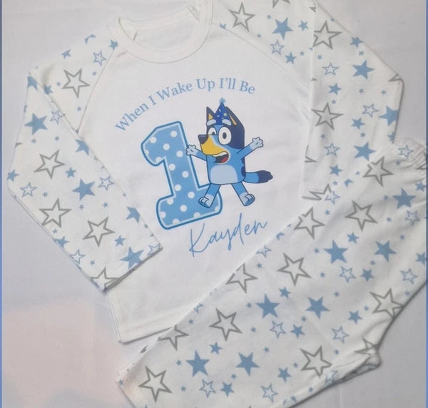 when i wake up i will be birthday pyjamas personalised PJs Blue