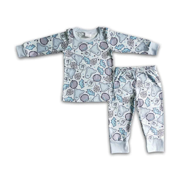 Boys Blue Long Sleeve Pajama Set 2Pcs Halloween Sleepwear Ghost Print
