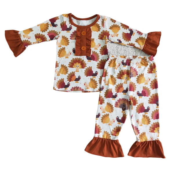 Girls Thanksgiving Pajama 2pcs Sleepwear Turkey Print