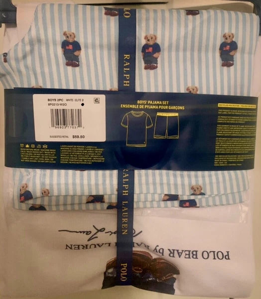 Kids / Boys Ralph Lauren Polo Bear Pajama Set Shorts White Blue Sizes 5, 6 & 7
