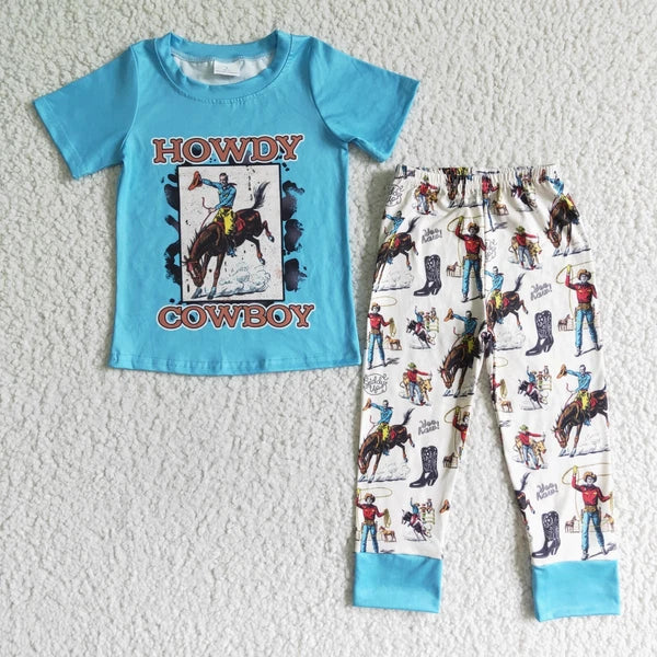 Kids Howdy Cowboy Short Sleeve Pajamas Set 2pcs Western Sleepwear